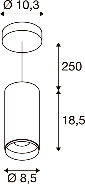 Technical drawing of a ceiling-mounted cylinder pendant light fixture with dimensions.