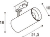 Technical drawing of a cylindrical ceiling-mounted spotlight fixture with dimensions.