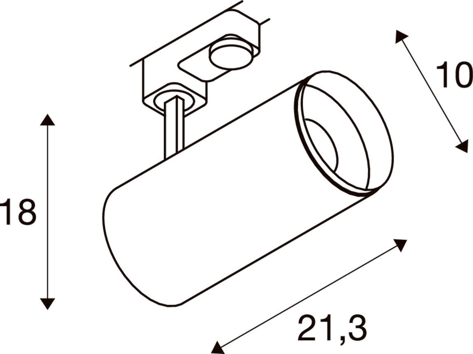 Technical drawing of a cylindrical ceiling-mounted spotlight fixture with dimensions.