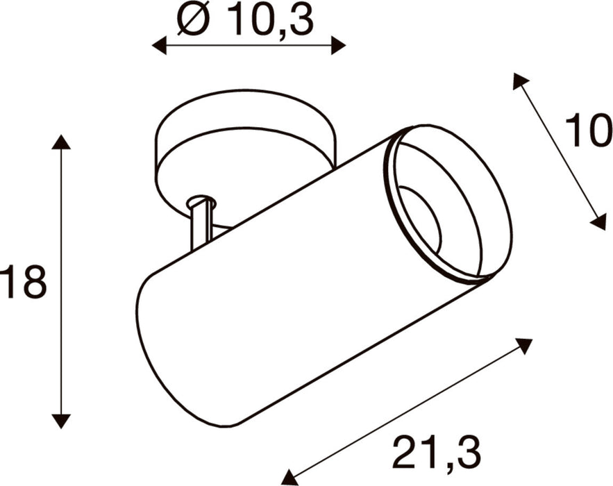 Line drawing of a surface-mounted spotlight with dimensions.