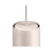 Close-up of a white, cylindrical, metal pendant light fixture with a textured finish and cord suspension.