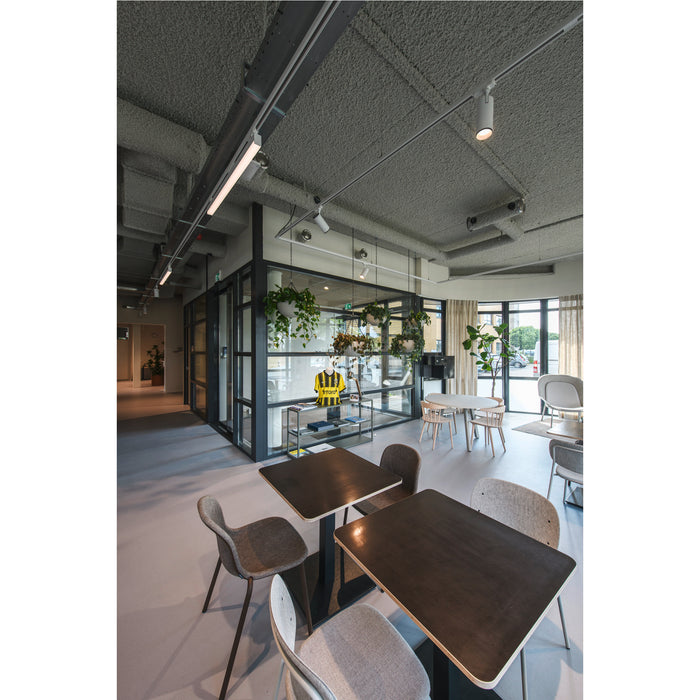 Modern office interior with dark wood tables, gray upholstered chairs, glass partitions, and hanging plants.