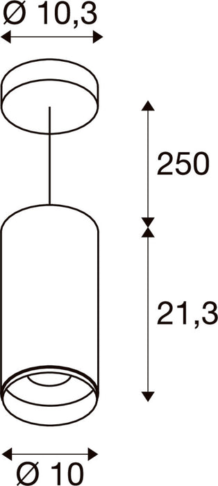 Technical drawing of a cylindrical ceiling-mounted light fixture with dimensions.