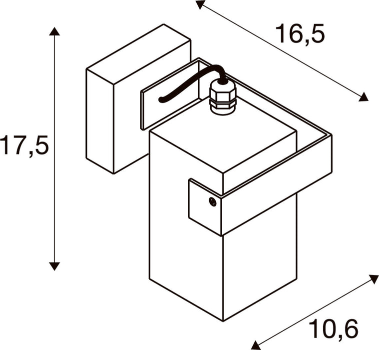 Technical drawing of a square wall-mounted light fixture with dimensions.