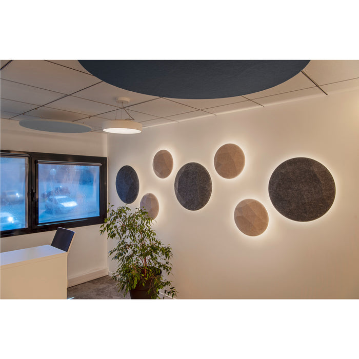 Felt acoustic panels, round, in gray and beige, wall-mounted with LED backlighting.