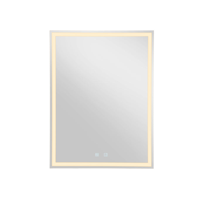 Rectangular wall-mounted mirror with white frame and integrated LED lighting.