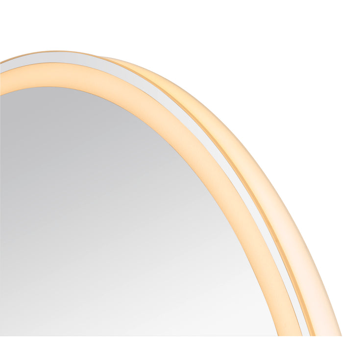 Round LED vanity mirror with white frame and warm light.