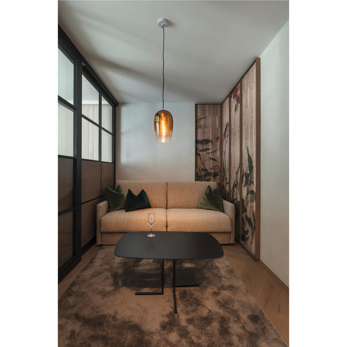 Amber glass pendant light fixture, suspended.