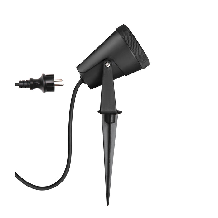 Black metal spotlight with stake mount and plug.
