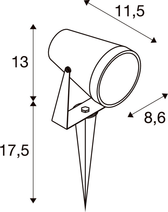 Diagram of a white spotlight with dimensions, showing stake mounting.