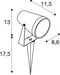 Diagram of a white spotlight with dimensions, showing stake mounting.