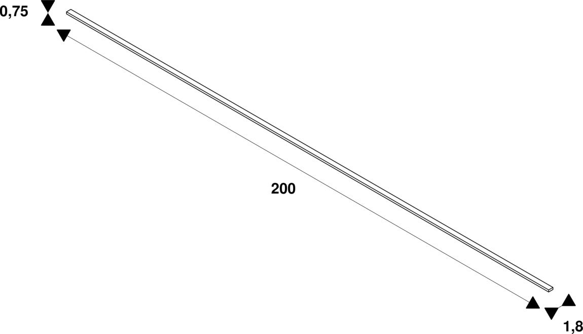 Technical drawing of a 200mm long, thin, rectangular bar.