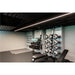 Gym equipment: weight bench, medicine balls, kettlebells, yoga mats, and barbell on wall-mounted storage racks.