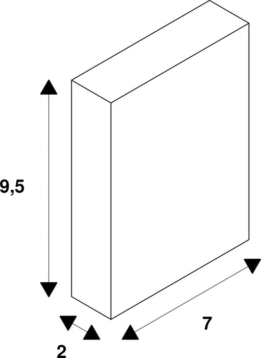 Technical drawing of a white rectangular block with dimensions 9.5 x 7 x 2.