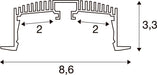 Technical drawing of an aluminum profile with dimensions 8.6 x 3.3.