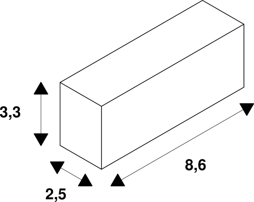Dimensional drawing of a rectangular prism showing measurements.