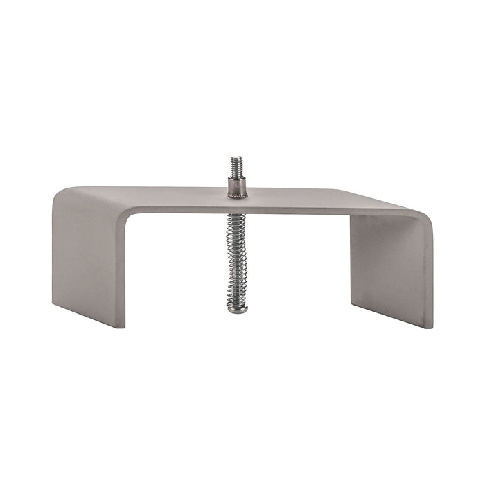 Metal U-shaped bracket with spring and screw, gray finish.