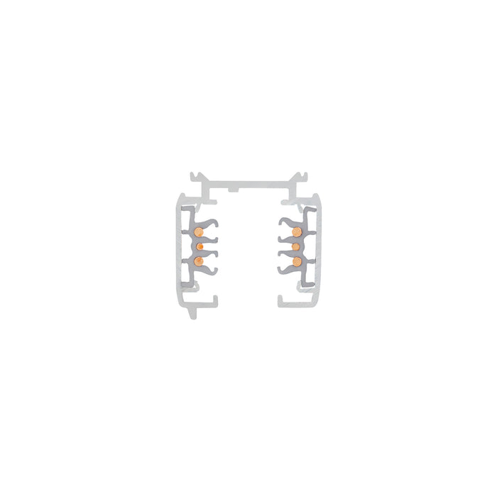 Aluminum track lighting rail, silver finish, with copper conductors.