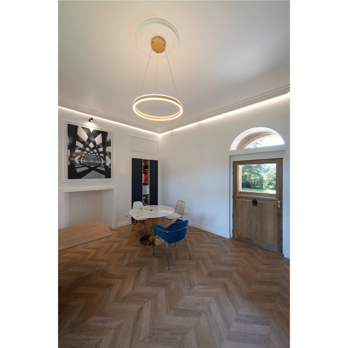 Modern interior with gold ring LED pendant light, herringbone wood floors, and blue velvet chair.