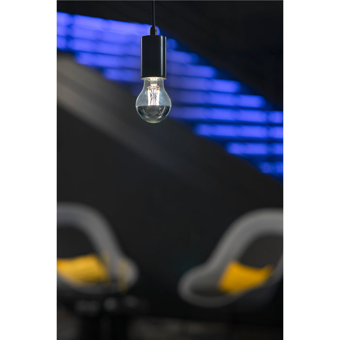 Pendant light fixture with a clear glass bulb and black metal mount, hanging from the ceiling.