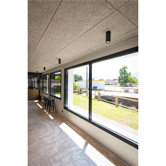 Interior with wood wool acoustic ceiling panels, recessed black cylindrical lights, and large black-framed windows.