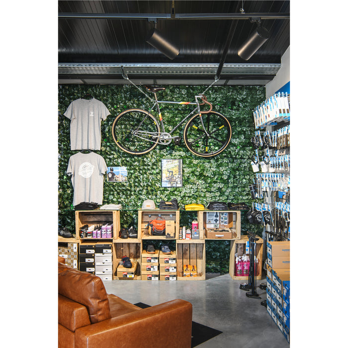 Bike shop interior with a chrome bicycle mounted on a green leaf wall, wooden shelving, and a brown leather couch.