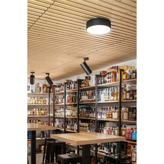 Black cylinder surface-mounted ceiling light fixture in a liquor store with wood slat ceiling and shelves of bottles.