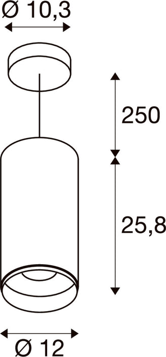 Technical drawing of a cylindrical pendant light fixture with dimensions.