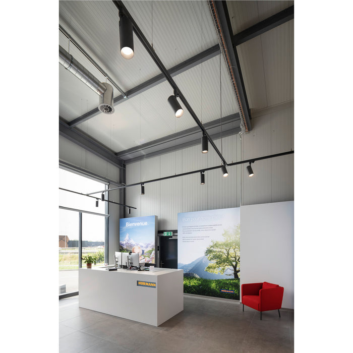 Black track lighting system with cylindrical fixtures, suspended from the ceiling.