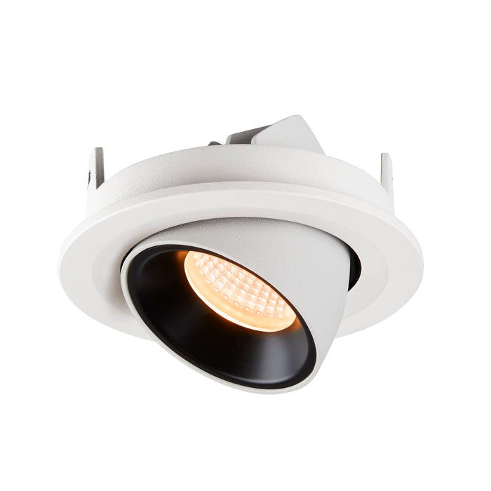 White recessed adjustable spotlight with black baffle.
