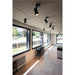 Interior view of a room with black track lighting, wood-wool acoustic ceiling panels, and black-framed windows.