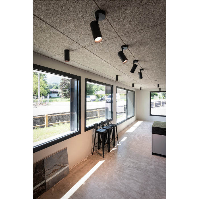 Interior with black track lighting on wood wool acoustic ceiling panels.