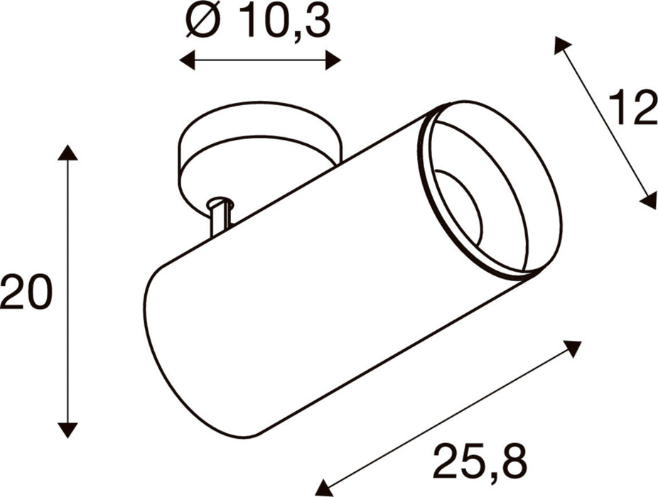 Technical drawing of a cylindrical surface-mounted spotlight with dimensions.