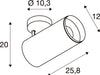 Technical drawing of a cylindrical surface-mounted spotlight with dimensions.