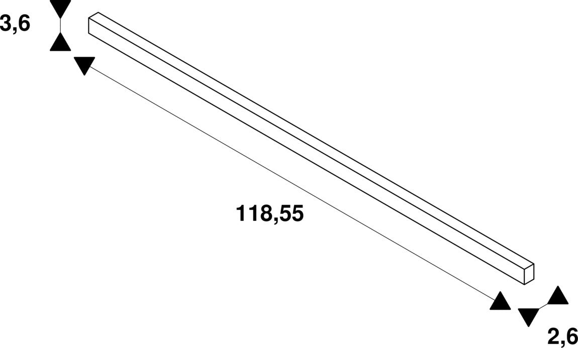 Technical drawing of a rectangular bar with dimensions 118.55, 3.6, and 2.6.