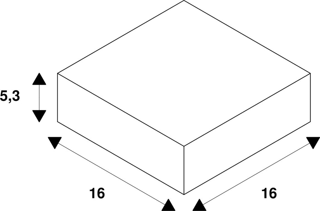 Diagram of a white square block with dimensions 16x16x5.3.