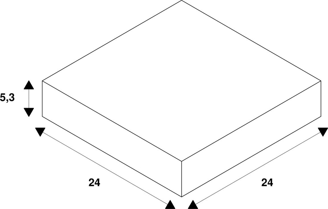 Technical drawing of a square block with dimensions 24x24x5.3.