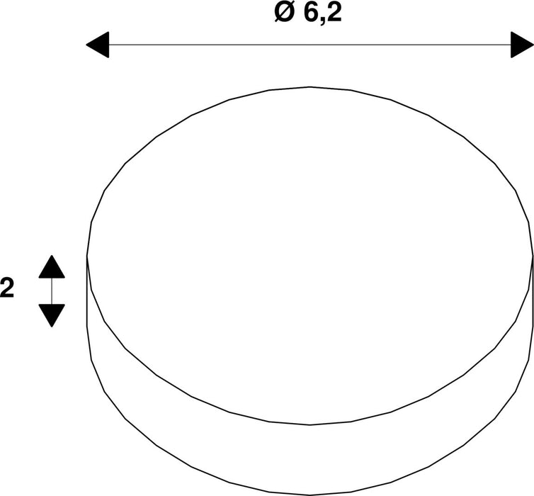 Technical drawing of a round component with dimensions 6.2 diameter and 2 height.
