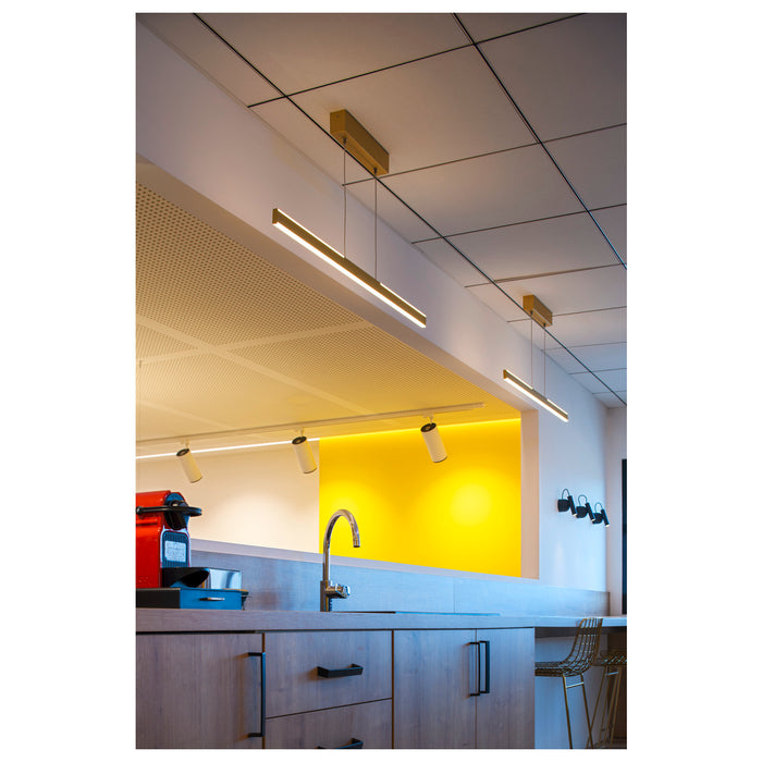 Linear LED pendant lights, gold finish, suspended mounting.