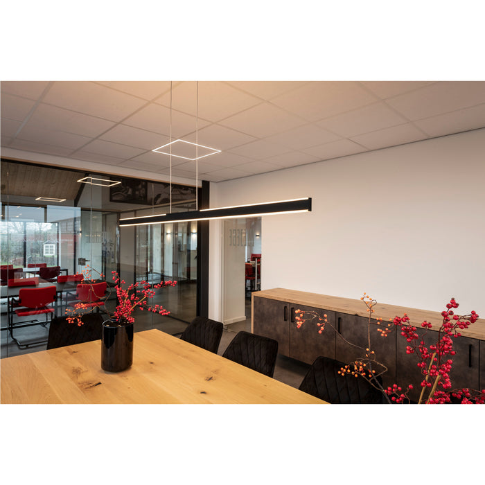 Modern black linear LED pendant light fixture.