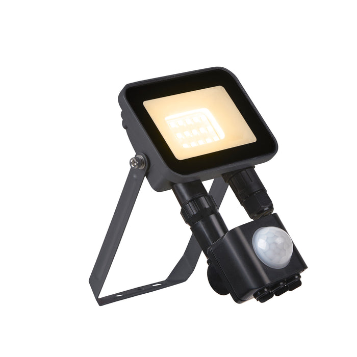 Black LED floodlight with motion sensor, bracket mount.