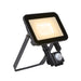 Black metal LED flood light with motion sensor, surface mounted.
