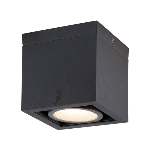 Black aluminum cube ceiling light fixture, surface mounted.