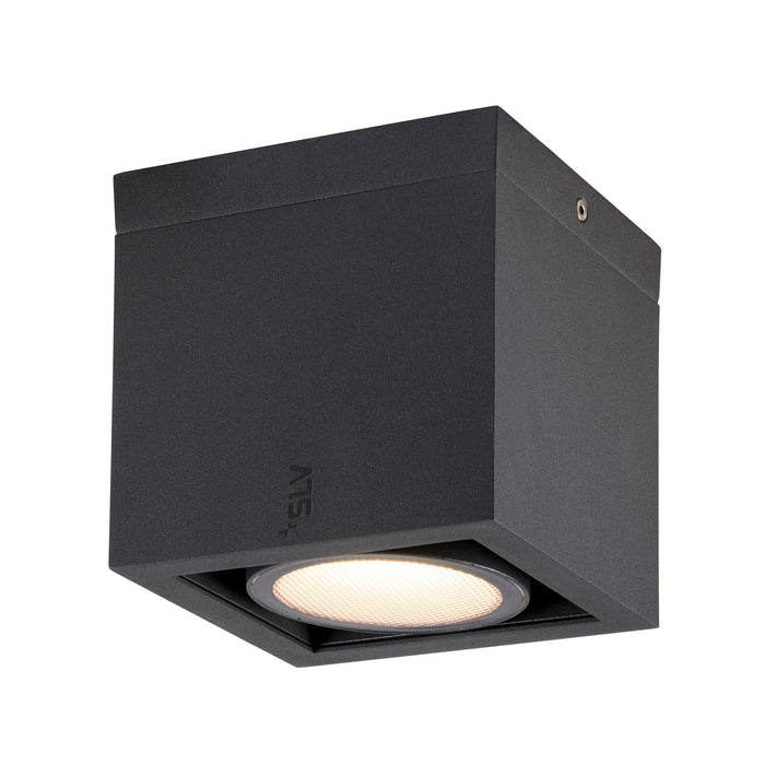 Black aluminum cube ceiling light fixture, surface mounted.