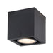 Black aluminum cube ceiling light fixture, surface mounted.