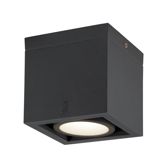 Square ceiling-mounted spotlight, aluminum with textured black finish.