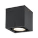 Square ceiling-mounted spotlight, aluminum with textured black finish.