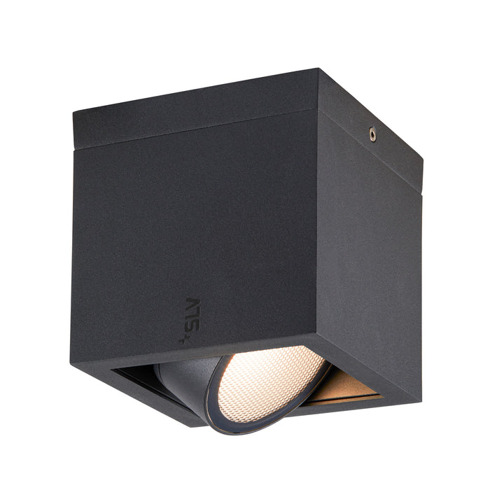 Black aluminum cube ceiling light fixture with adjustable lamp head.