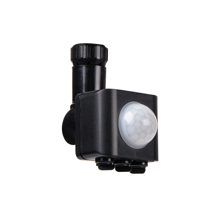 Black plastic outdoor motion sensor with a white lens.