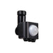 Black plastic outdoor motion sensor with a white lens.